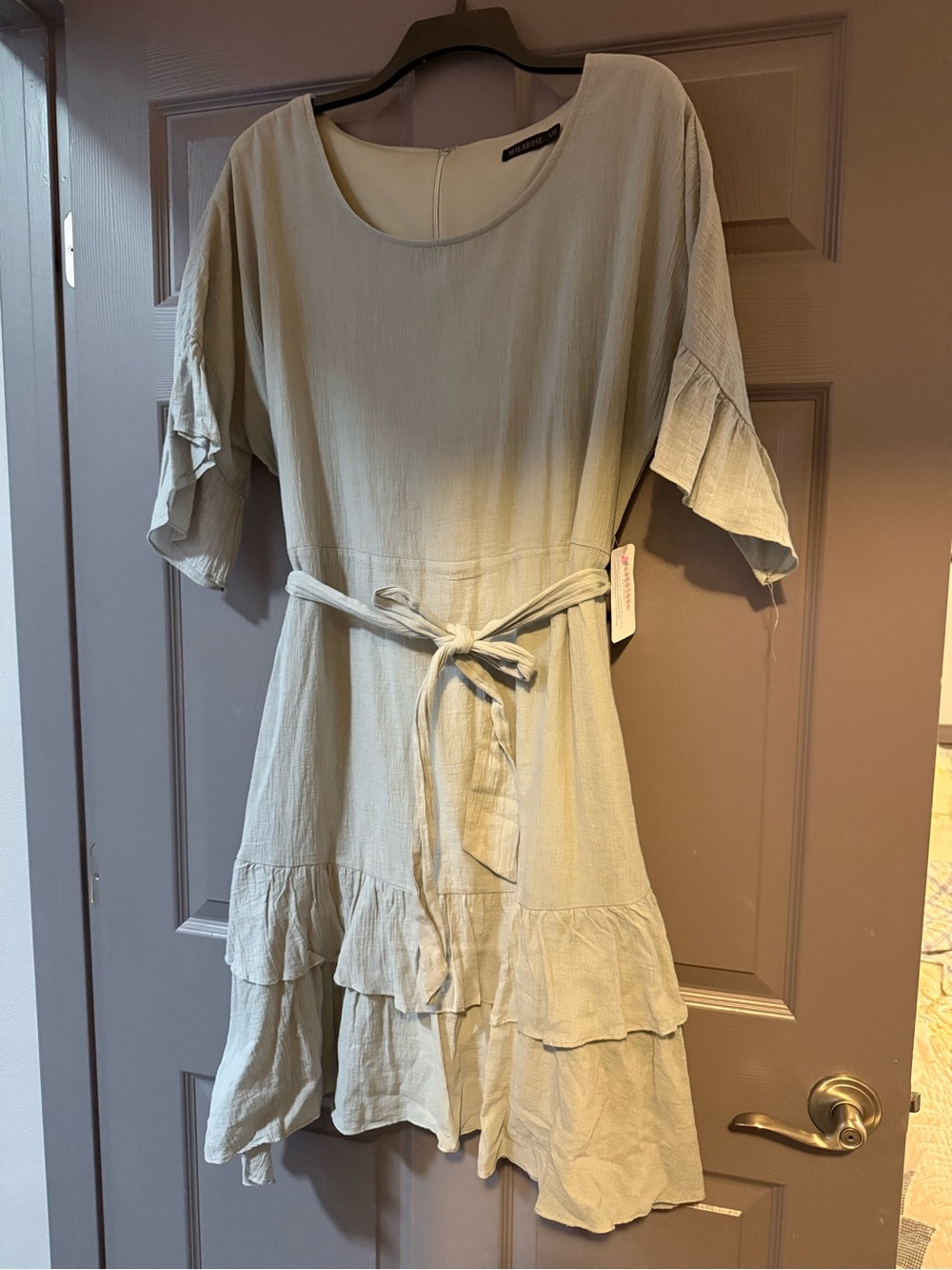 Mikarose Sage Green Ruffle Tier Tunic with Waist Tie